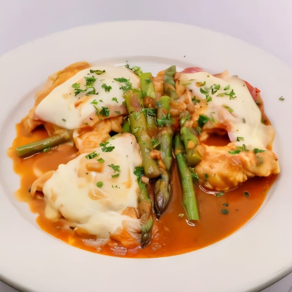 Chicken dish with melted cheese, asparagus, and a rich sauce, garnished with parsley on a white plate.