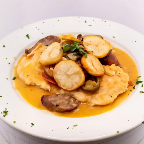 Pronto Pizzeria's ravioli with sausage, mushrooms, and yellow squash in a creamy orange sauce.