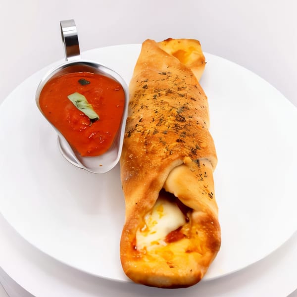 A golden-brown Pronto Pizzeria stromboli with melted cheese and pepperoni, served with a side of marinara sauce.