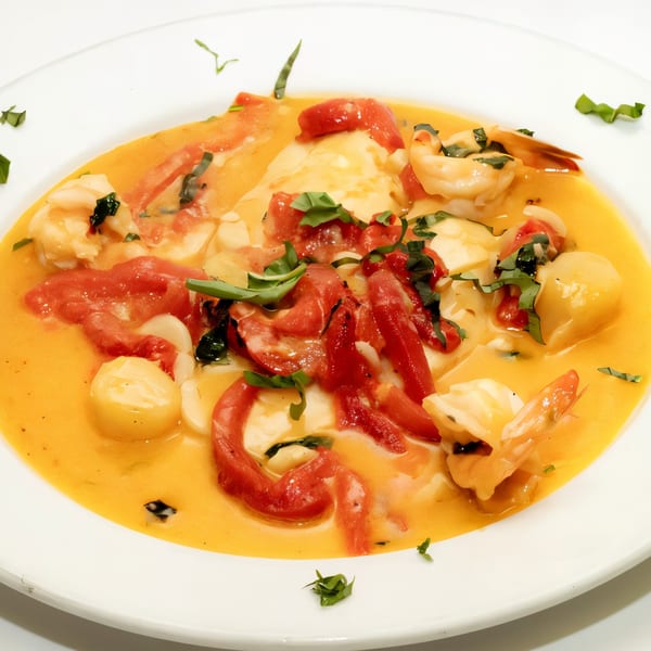 Seafood dish with shrimp, scallops, red peppers, and basil in a creamy orange sauce.