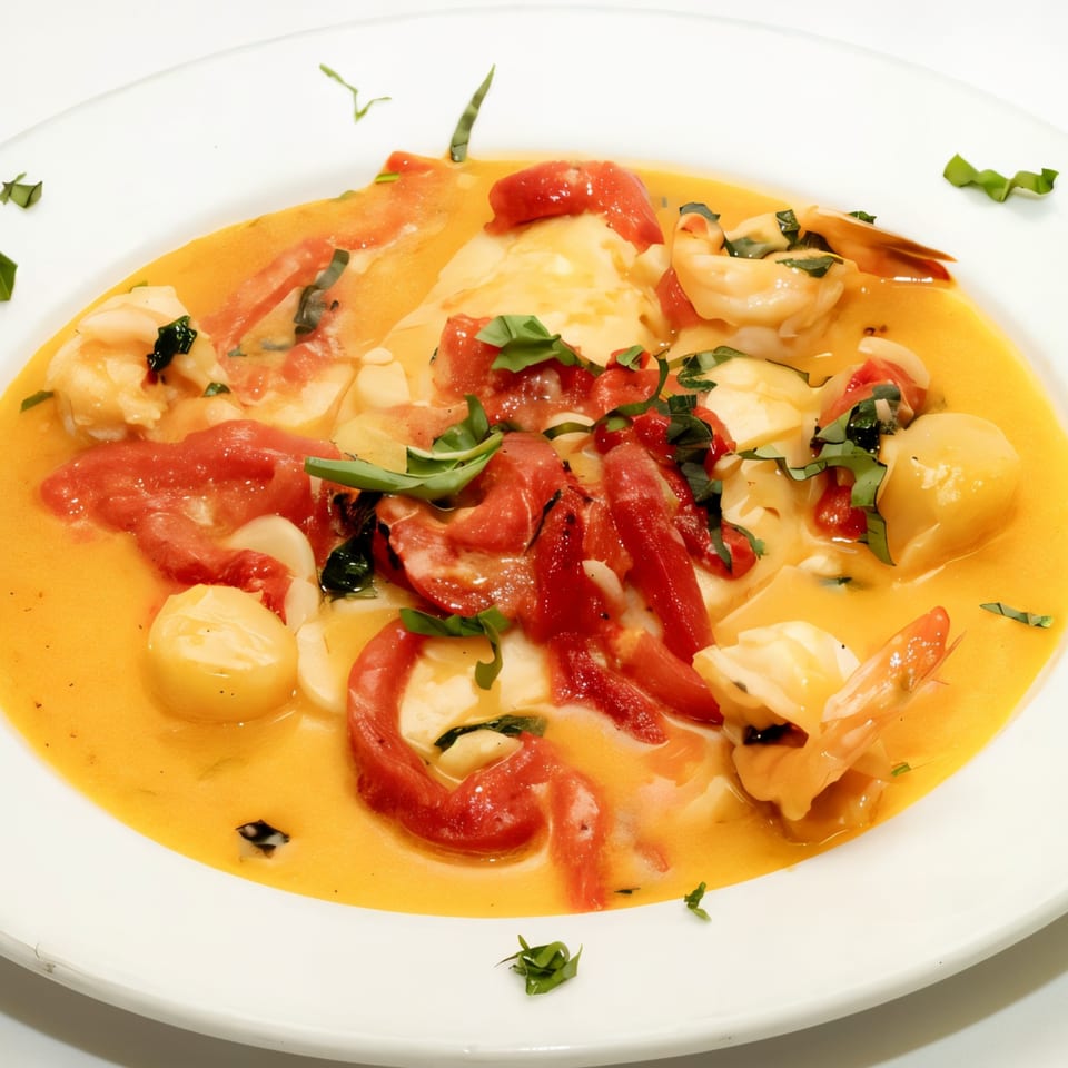Seafood dish with shrimp, scallops, red peppers, and basil in a creamy orange sauce.