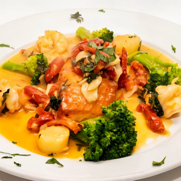 Chicken dish with broccoli, sun-dried tomatoes, and garlic in a creamy sauce.